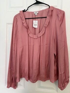 J. Crew Rose-Pink Ruffle Neck Long-Sleeve Blouse